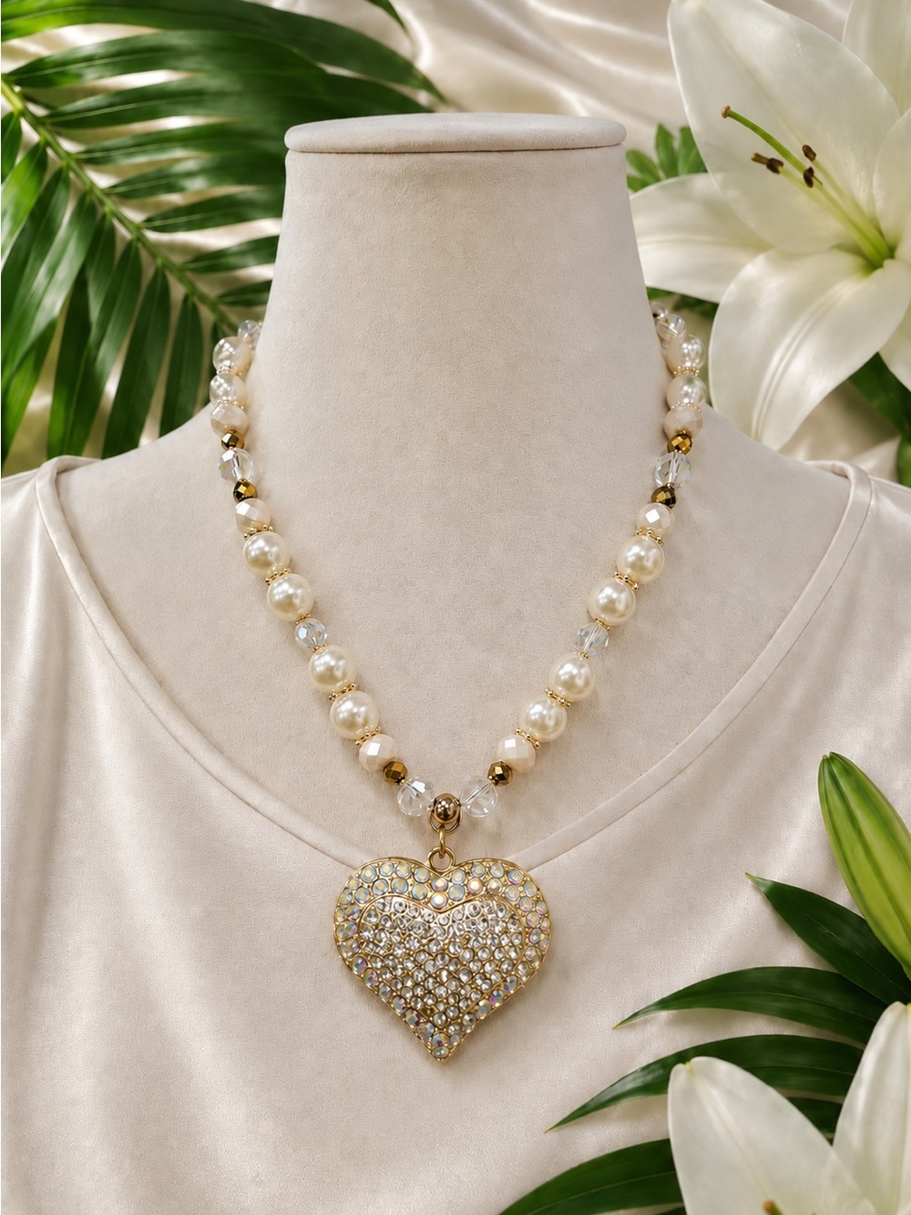🆕❤️🇨🇦Luxury Pearl and Crystal Heart Pendant Necklace - Gold Tone